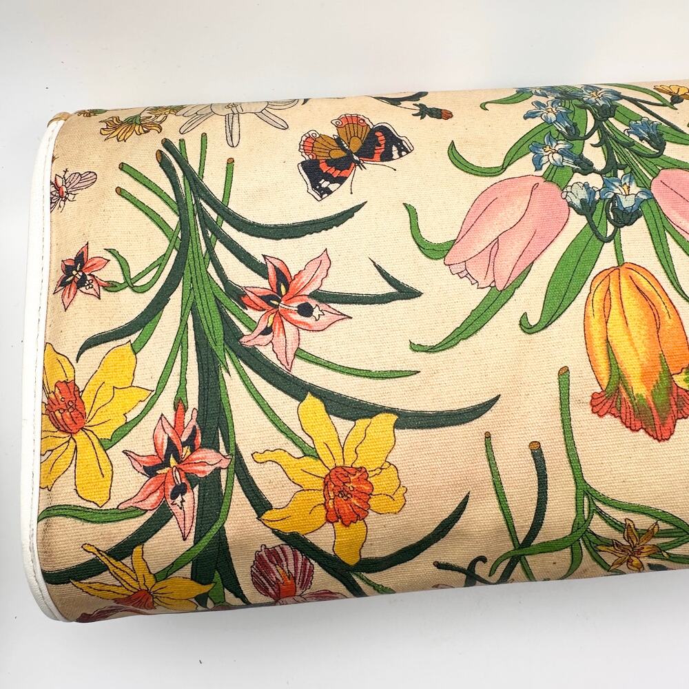 Gucci Vintage 80s Flora Flap Clutch Bag Ecru Canvas White Leather Trim READ - Picture 6 of 16